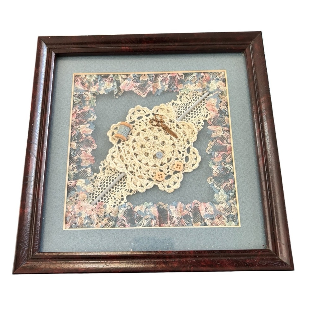 VTG Victorian Framed Doily Thread & Buttons Sewing Room Picture Handmade Lace